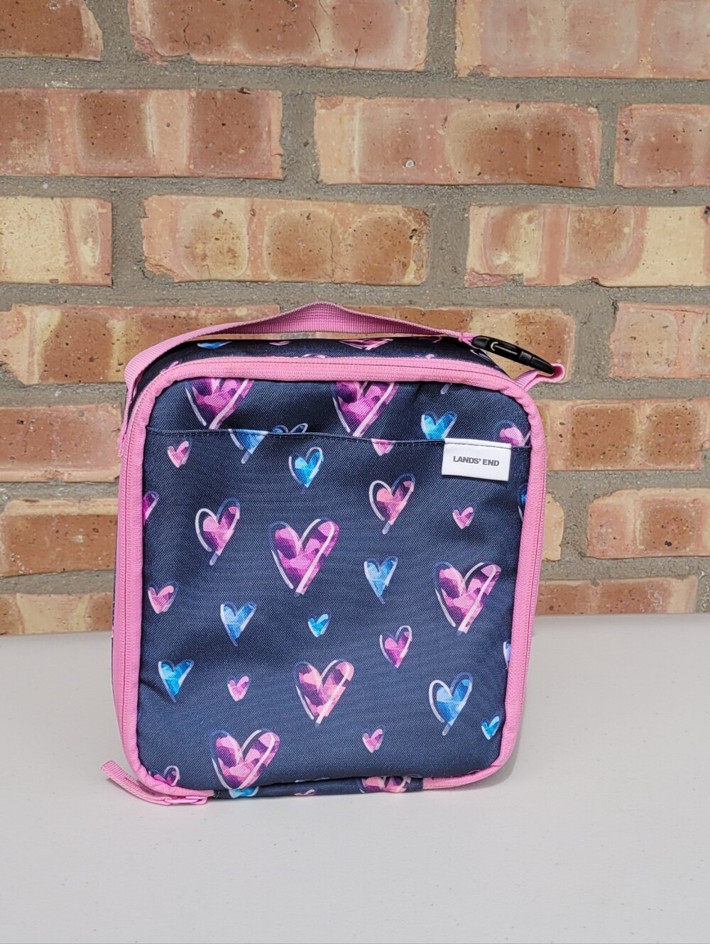 Lands' End Kids Navy Lunch Bag with Pink and Blue Hearts